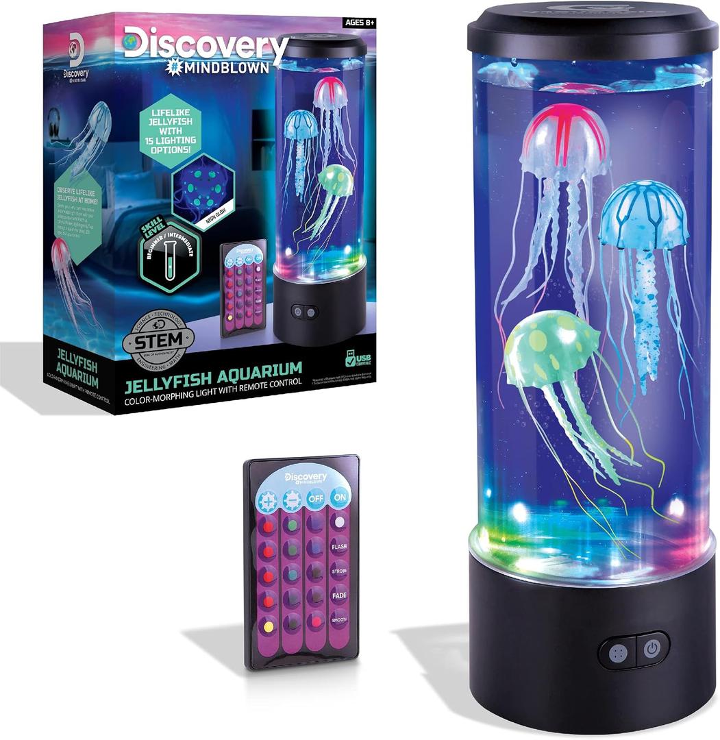 Discovery Jellyfish Aquarium Lamp ColorMorphing LED Bedroom Night Light with Remote| 15 Light Options| Lifelike Floating Jellyfish| Educational Learning Gift| Ages 8+