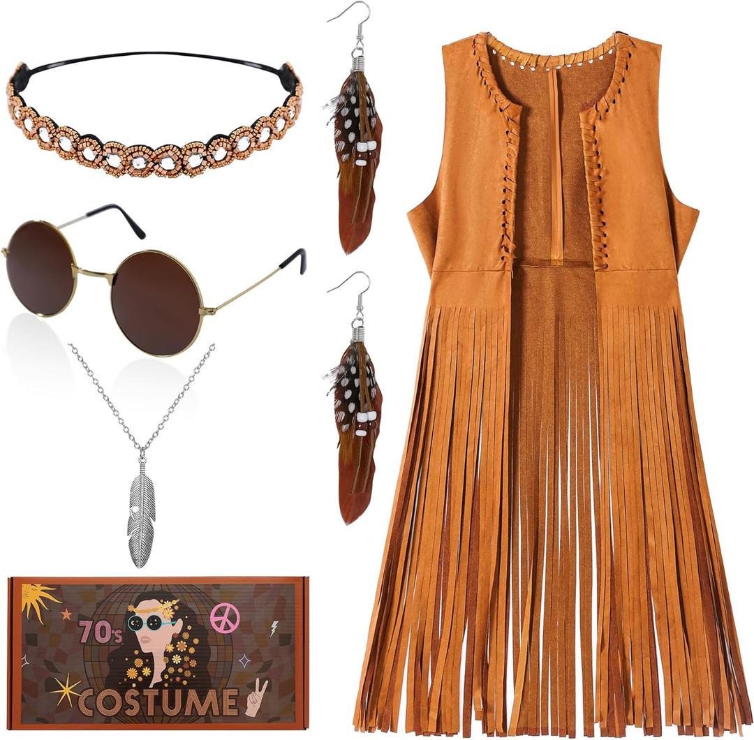 60s 70s Outfits for Women Disco Hippie Costume Clothes Cowgirl 70s Halloween Tops Women Fringe Vest Accessories (Large, Brown)