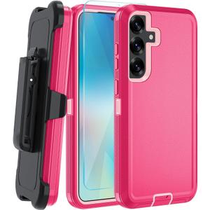 for Samsung Galaxy S26 Plus Case, with HD Tempered Glass Screen Protector, Heavy Duty Shockproof Drop Protective Rugged Tough Durable Phone Cover (with Belt Clip-Pink/Pink)