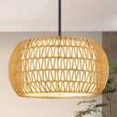 19 Inch Farmhouse Rattan Chandelier, 5-Light Adjustable Height Pendant Light with Fabric Shade, Hand Woven Boho Chandeliers for Dining Room, Kitchen Island, Living Room, Entryway, Foyer, ETL