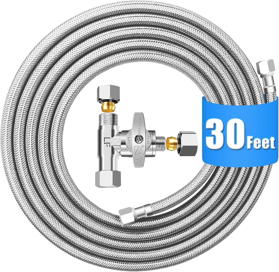 Fridge Water Line Kit - 30FT Premium Stainless Steel Braided Refrigerator Water Line with Tee Stop Valve,Foodgrade PEX Inner Tube Ice Maker Water Line with 1/4" Fittings for Refrigerator Ice Maker
