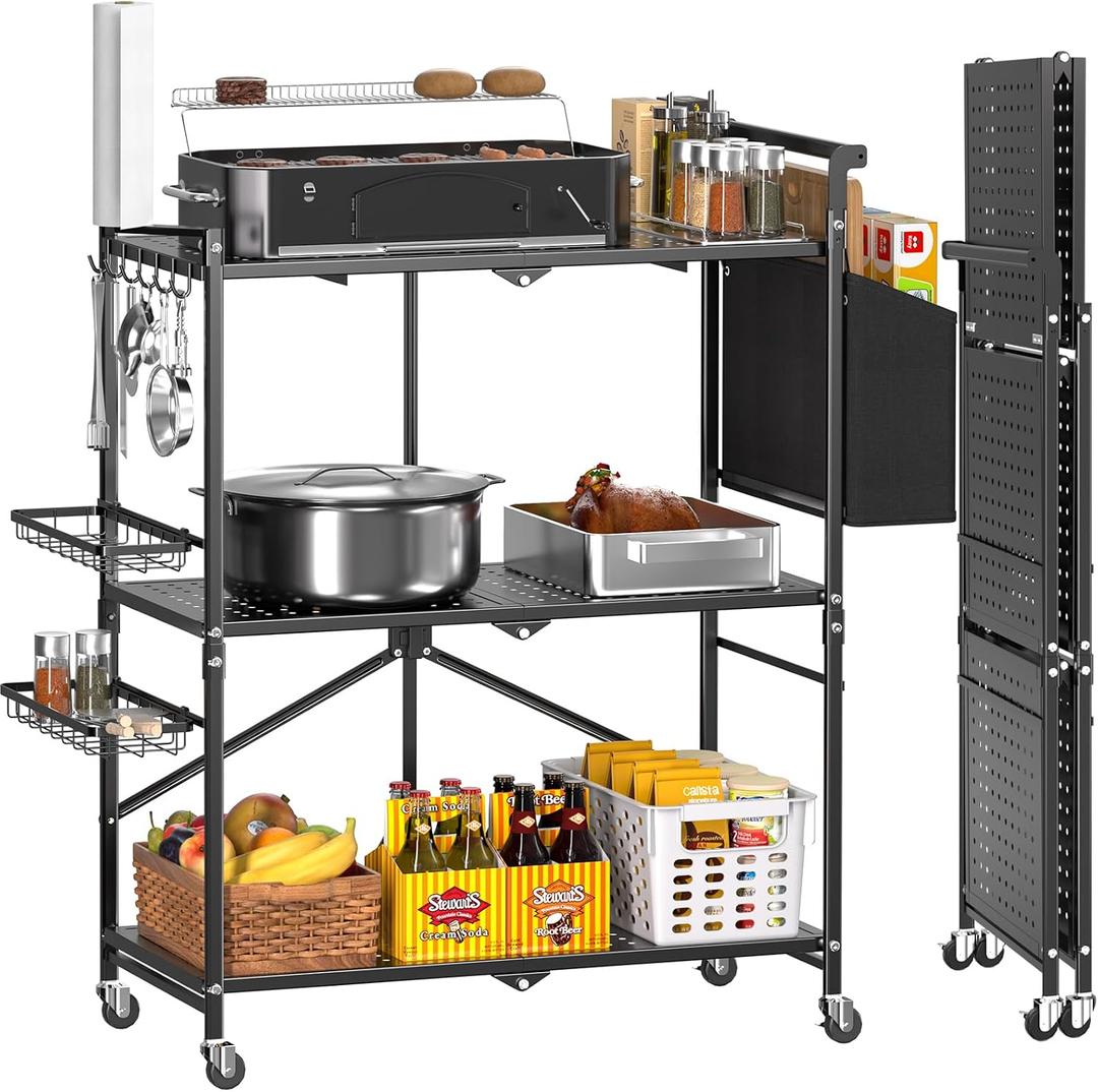 DTUQYX Foldable Outdoor Grill Cart with 3-Tier, Grill Table with 2 Locking Casters, Multi-Functional BBQ Cart, Portable Pizza Oven Stand Table, Rolling Kitchen Island for Outside, Black