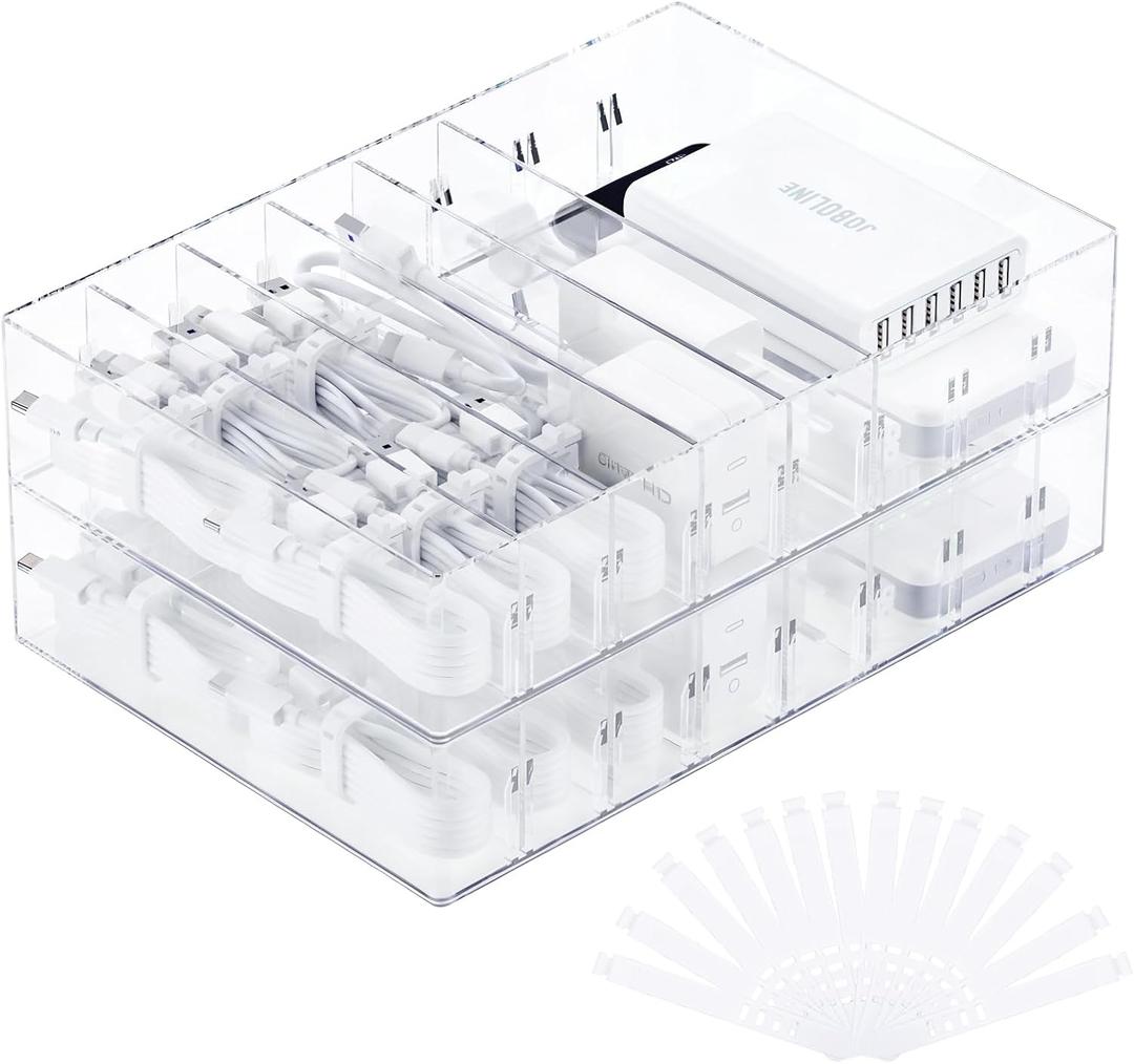 2Pcs Cable Charger Organizer Box, Large Cords Storage Organizer with Adjustable Compartments and Wire Ties, Stackable Cord Organizer for Drawer - Clear