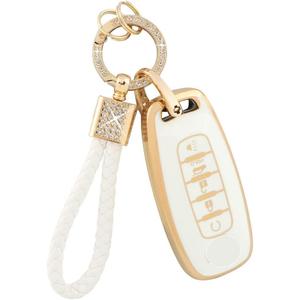 PIFOOG for Rogue Key Fob Cover 5 Buttons 2023 Pathfinder SL Platinum Car Key Case Shell Bling Keychain Lanyard Protector Protection Accessories Women Girly Cute White Gold TPU