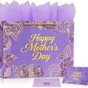 3 x Xustanina 13" Large Rose Purple Gift Bag Set, With Gilded Floral Pattern, Envelope, Greeting Card and Tissue Paper, Suitable for Mother's Day, Birthday, Wedding and Anniversary