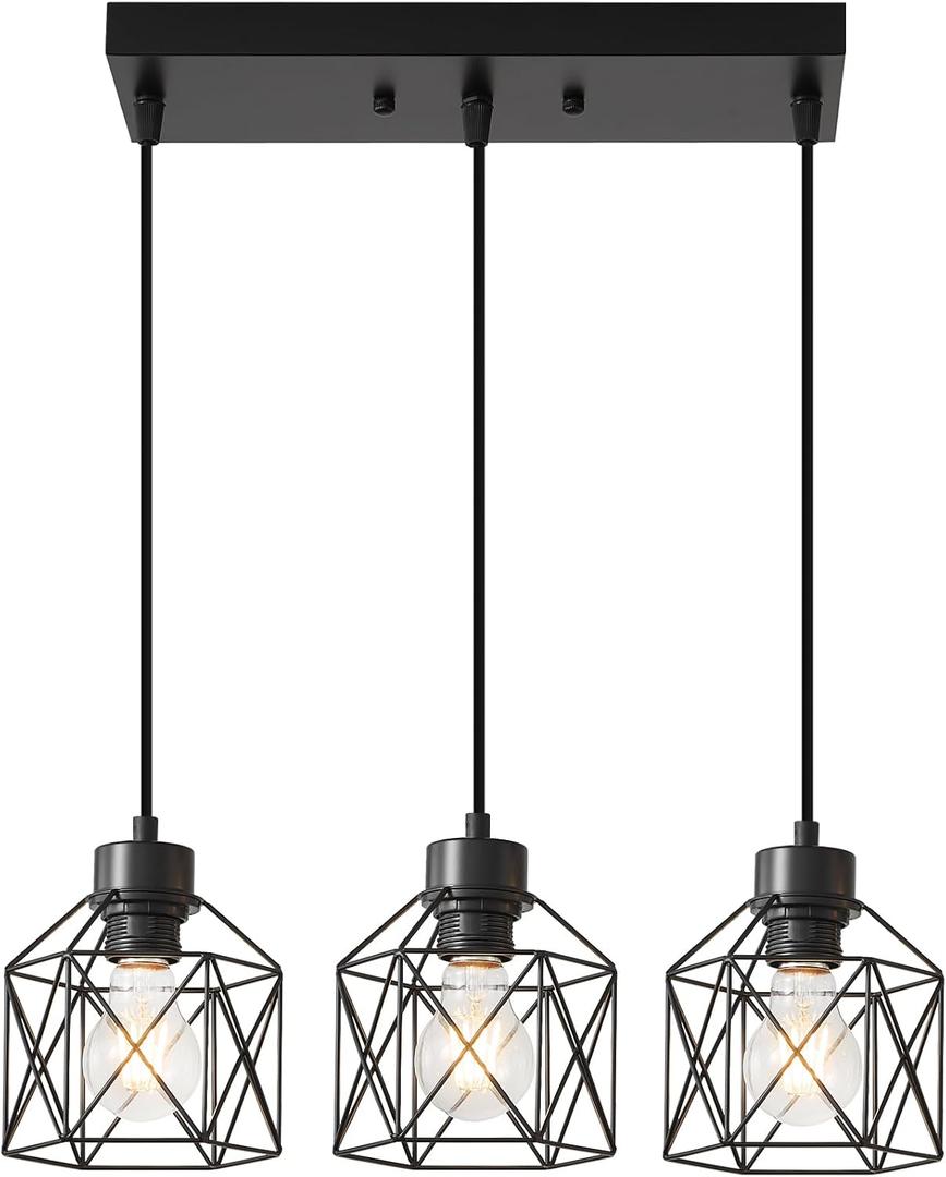 3-Light Hanging Pendant Light Fixtures, Farmhouse Kitchen Island Light Fixture, Industrial Hanging Pendant Lighting for Dining Room Bedroom Hallway, Black Metal Cage Pendant Lamp, E26 Base