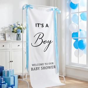 Oudain 24x60 Inch It's a Boy Burlap Banner, Baby Shower Fabric Backdrop with Pink Ribbons and Hooks, Rustic Boho Photo Props Sign for Gender Reveal Party Wall Hanging Indoor Outdoor Decoration