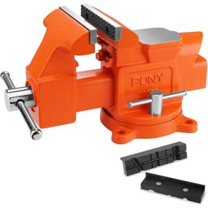 PONY Heavy Duty Bench Vise, 5-inch Jaw Width 4-inch Opening, Swivel Base With Anvil, Utility Combination Pipe Home Vise for Woodworking, One-Pair Jaw Pad Included