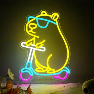 Cool Capybara Neon Sign, Dimmable Cute Animal with Shades on a Scooter, Lemon Yellow Capybara LED Lights for Wall Decor, Bedroom, Game Room, Kids Room, Birthday Party Decor, Teen Gifts