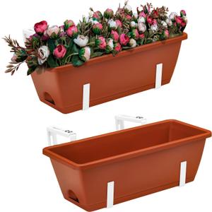 Deck Railing Planter Box 2 Pack, Over Railing Planter Box 17 Inch, Balcony Planters Railing Hanging with Metal Brackets, White and Red