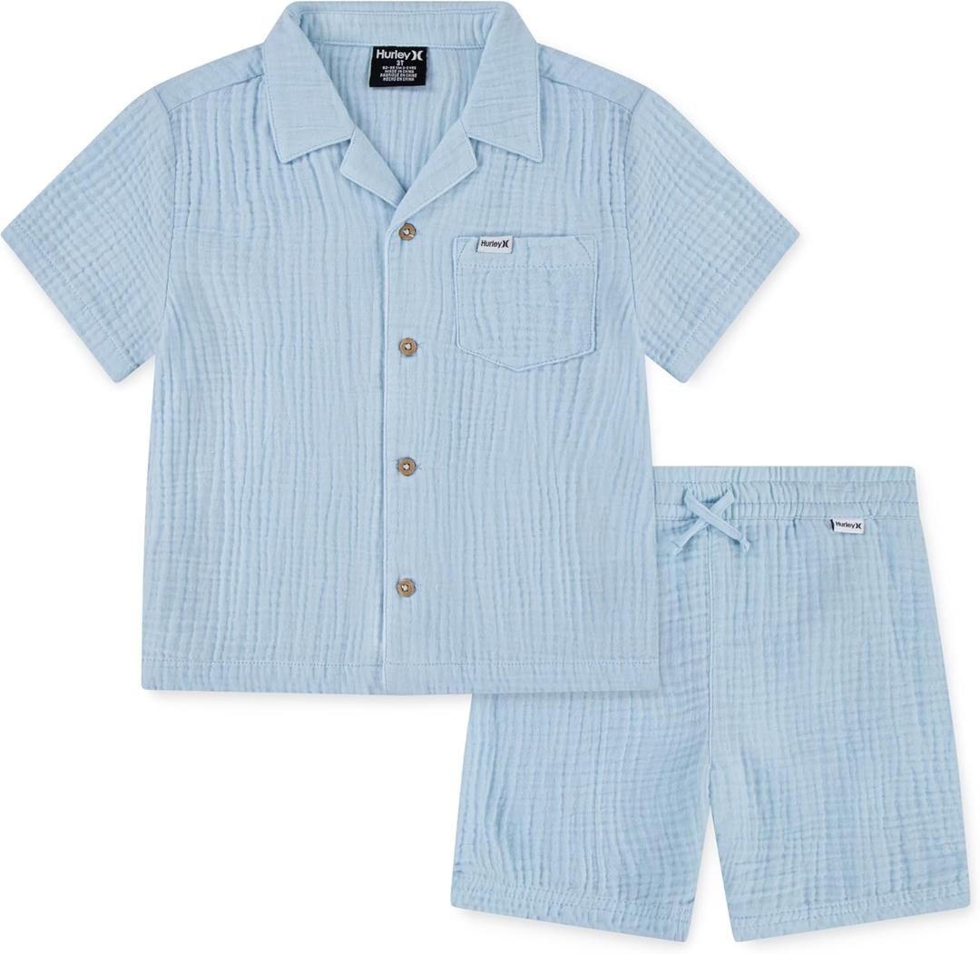 Hurley Baby and Toddler Boys' Short Sleeve Button Up Shirt and Shorts 2-Piece Outfit Set, Size: 2T