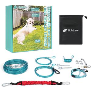 Dog Trolley System - Tangle Free & Shock Absorbing Heavy Duty Runner for Large Dogs Up to 300 lbs, 100 ft Cable with 15 ft Leash - Backyard, Park, Camping(100FT) (Blue)