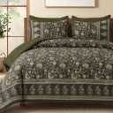Dinjoy Comforter Set Queen Size Boho, Reversible Olive Green Bedding Floral