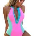 BIKINX Women One Piece Bathing Suit Tummy Control Swimsuits High Neck Zip Front Monokini Color Block Rash Guard Swimwear, Size L