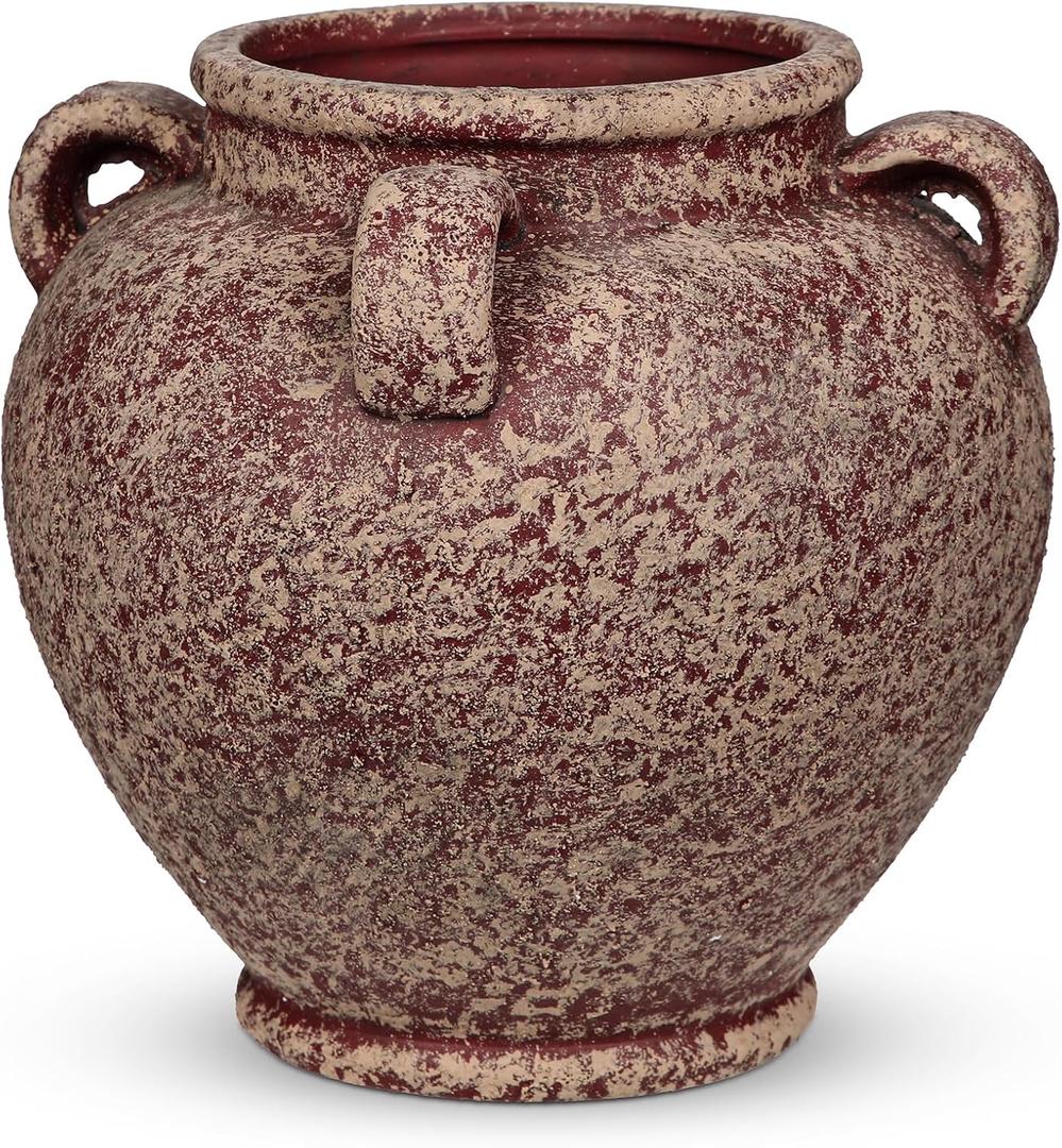 Rustic Ceramic Vase with Handles Antique-Style Red Farmhouse Pottery Decorative Urn for Table Centerpiece, Mantel, Shelf, or Entryway Home Decor, Color May Vary