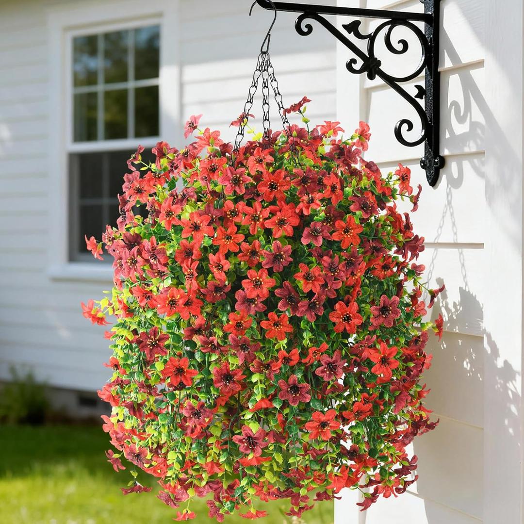 Artificial Hanging Baskets Outdoor, 4 Bundles Artificial Hanging Flowers Outdoors Spring Summer Decoration, No Fade Realistic Fake Hanging Baskets for Porch Patio Balcony Home Yard Decor (Red Brown)