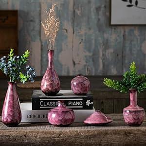 Mowtanco Pink Ceramic Bud Vases, Set of 6 Small Glazed Pottery Vases for Floral Arrangements, Decorative Rustic Vases for Modern Farmhouse Home Decor, Living Room, Dining Table Centerpieces