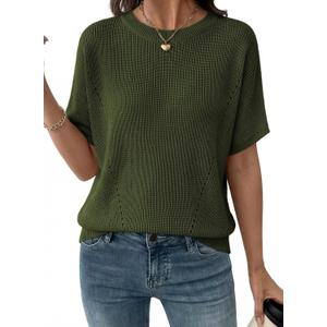 Dokotoo Womens Summer Tops Short Sleeve Oversized Sweaters Solid Color Elegant Dressy Casual Crewneck Lightweight Knit T Shirts Vacation Outfits Fashion Trendy Cute Blouses Green Medium