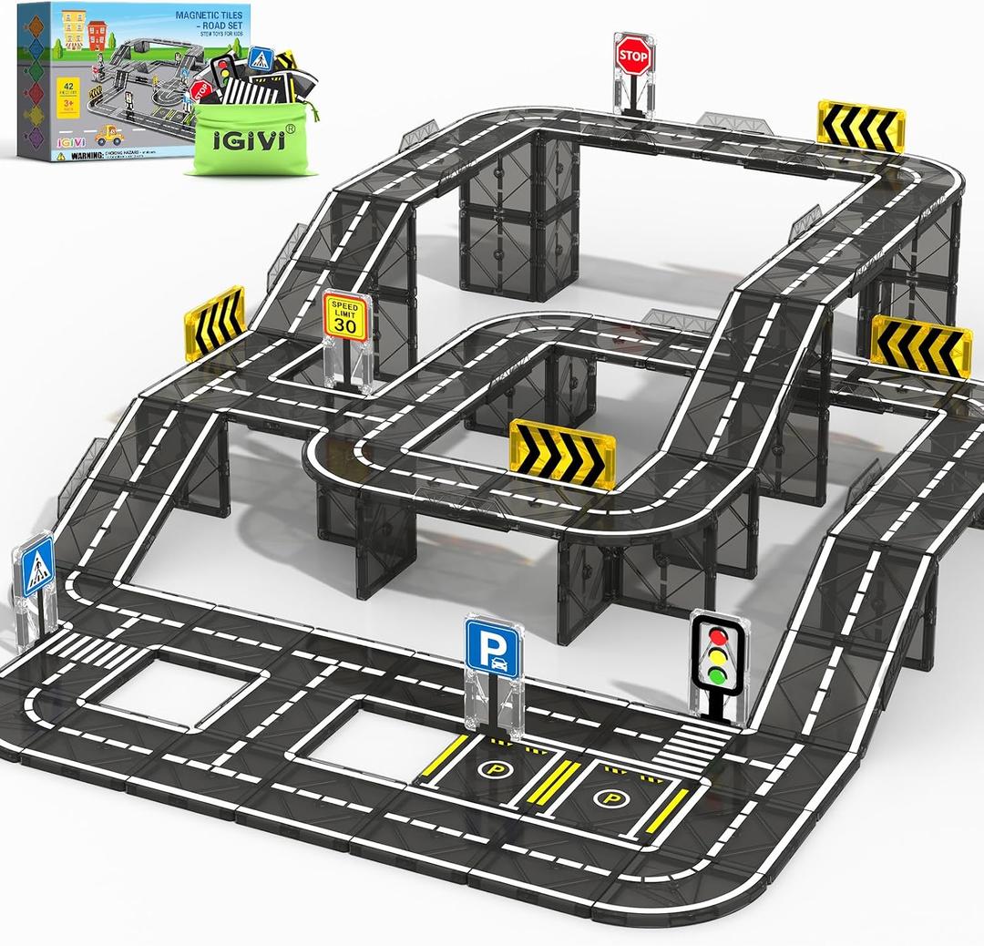 Magnetic Tiles Road Expansion Pack, STEM Magnetic Building Blocks for Kids, Educational Montessori Sensory Toys for Kids Ages 3-5 4-8 5-7, Christmas Birthday Gift for 3+ Year Old Boys Girls