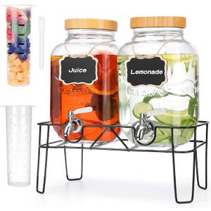 2 Pack 1 Gallon Glass Drink Dispenser with Bamboo Lids, Beverage Dispenser with Stand, Drink Machine for Lemonade, Iced Drinks Kombucha Dispenser for Parties