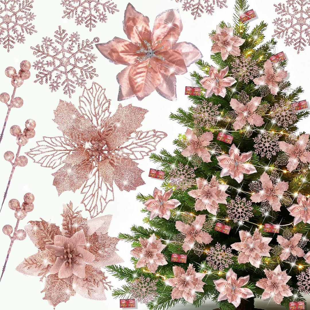 59PCS 6 Style Poinsettia Flowers Artificial Christmas Tree Decorations Rose Gold Christmas Ornaments with Berry Stems Snowflakes Cards for Wreath Fireplace Stairs Xmas Tree Decor