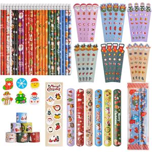 NVAZIOP Christmas Party Favors 24 Pack Stationery Set Bulk Goodie Bag Suffers Class Gifts Classroom School Holiday Treat for Students Stockings Pencils Rulers Erasers Stickers slap bracelets