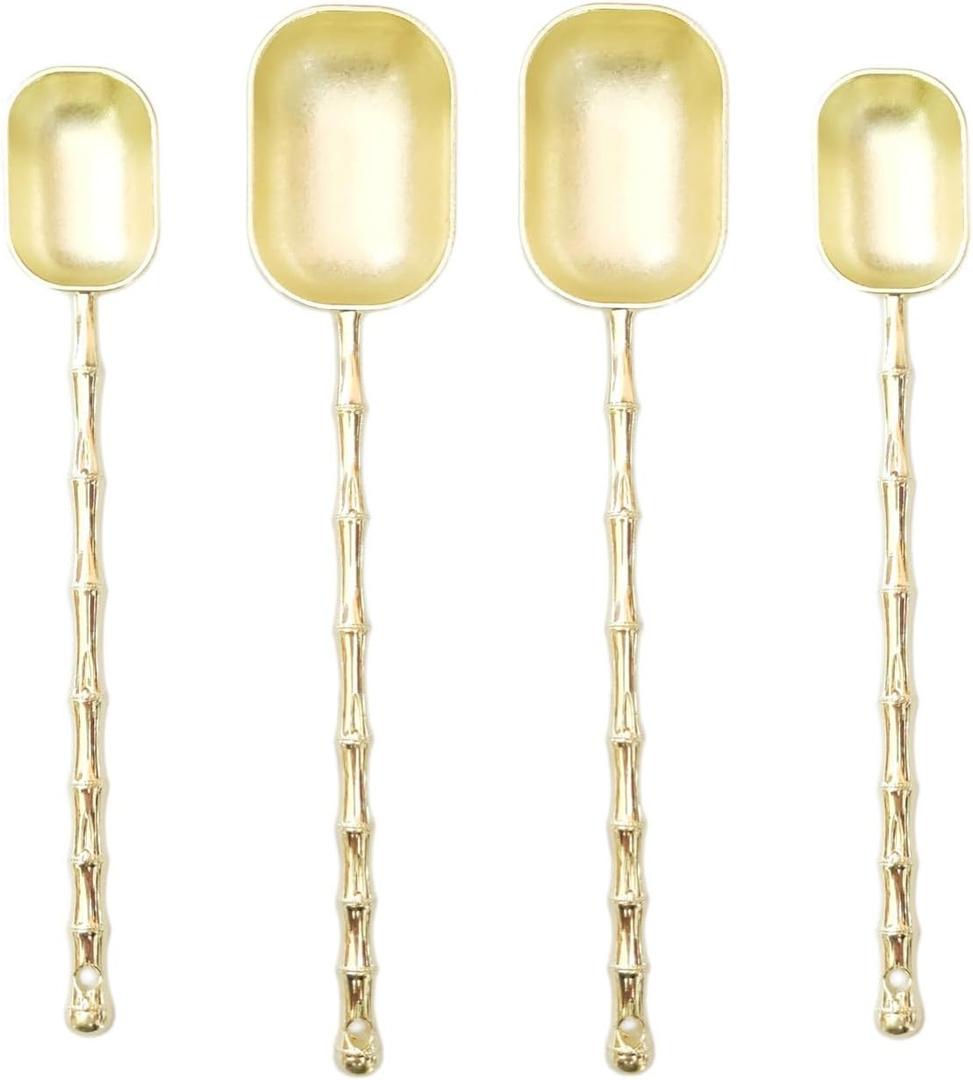 Measuring Spoons with Long Handle, Coffee Scoop, Tablespoon and Teaspoon Scoops Set of 4, Gold Art Style, For Grounds Coffee, Loose Tea, Spices, Dry Ingredients