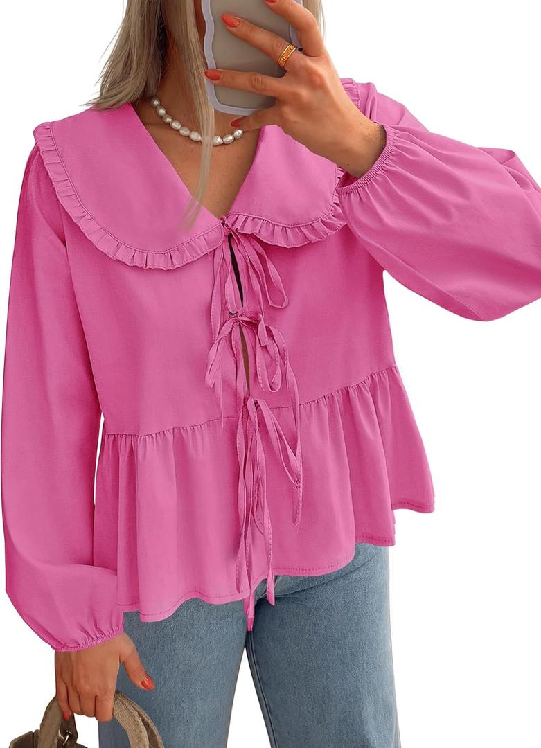 ZESICA Women's Tie Front Peplum Tops Long Puff Sleeve Lapel Collar Cute Babydoll Blouses Shirts (Hot Pink) S