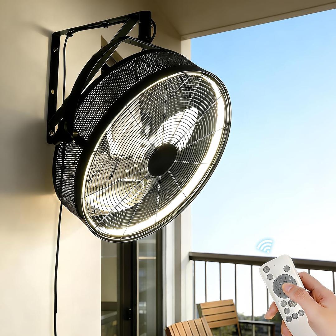 AHAWILL 20" Wall Mounted Fan with Lights, 360 Adjustable Tilt,Garage Wall Mount Fan with Remote&APP, Plug in Wall Fan,6-Speed&Reversible Gazebo Fan,3CCT Dimmable&Timer for Toolroom,Patio,Warehouse
