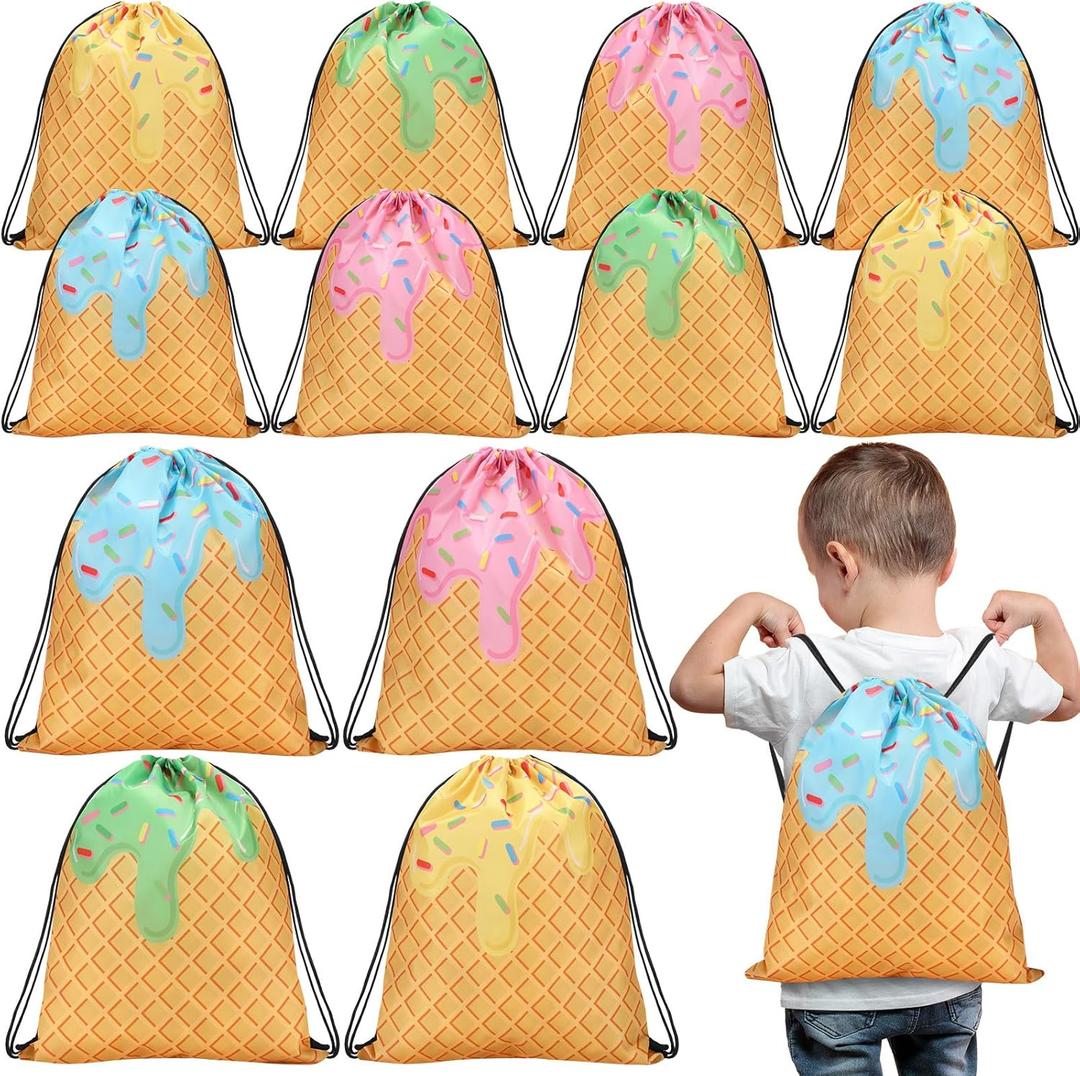 Sunnymove 16 Pcs Ice Cream Party Favor Bags Cute Ice Cream Summer Drawstring Backpacks Sweet Candy Goodie Treat Gift Bags for Birthday Pool Party Two Sweet Birthday Wedding Decorations Donut Decor