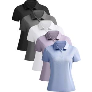 NebuKinex 5 Pack Women's Polo Shirts Short Sleeve Collared Tops for Work (M)