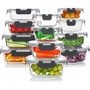 KOMUEE 24 Pieces Glass Food Storage Containers Set,Meal Prep Containers-Stackable Airtight Glass Storage Containers with lids,Freezer, Microwave, Oven Safe,Gray