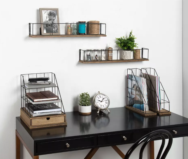 2 pcs Decorative Wall Shelf Set Brown/Black, Wood & Metal (Large; 23.62" x 5"91, Small: 19.69" x 4.92")