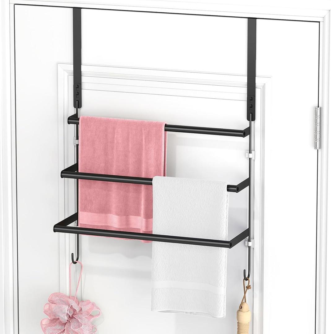Over The Door Towel Rack,Towel Rack with Hooks for Door Hanging, Door Towel Bar, Over Door Towel Racks for Bathroom (Black)