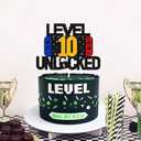 3 x Level 10th Unlocked Sign Cake Topper Happy 10th Birthday Level Up Tenth Cake Decorations for Video Game Controller Themed Boy Girl Bday Party Supplies Double Sided
