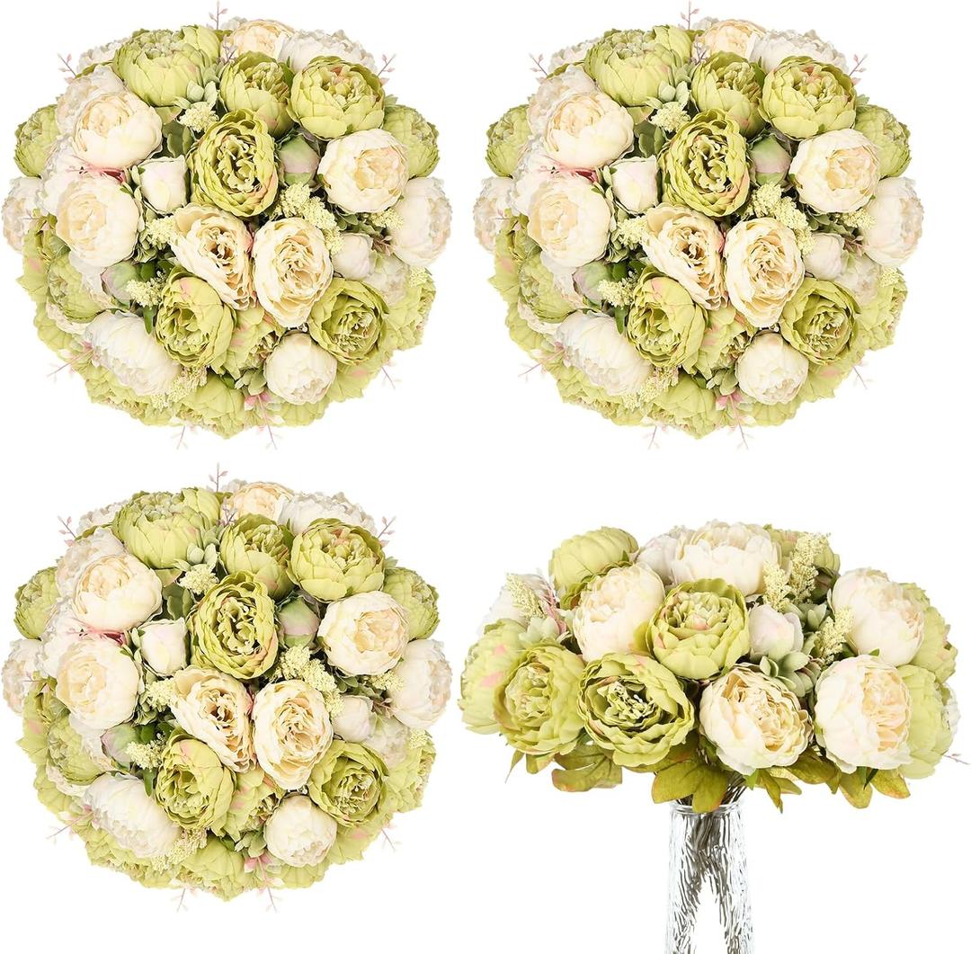 Olgaa 4 Bunches Peonies Artificial Flowers Faux Flowers Bouquet Silk Peony Hydrangea for Vase Wedding Centerpiece Bridal Shower Garden Party Home Decor (Green)