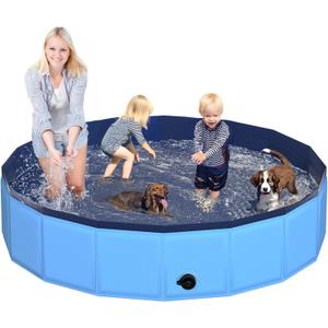 87" x 12" Foldable Dog Pool - Collapsible Hard Plastic Kiddie Pool for Dogs & Kids, Non-Slip Pet Bath Tub for Outdoor Backyard Use, Lightweight & Portable (Blue)