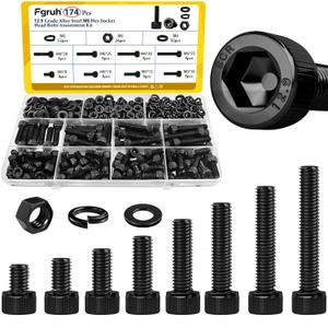 174PCS M6 Screws with Nuts Assortment Kit - M6x8/10/12/16/20/25/30/35 mm Hex Socket Head Cap Bolts with Nuts & Washers Assorted Set - 12.9 Alloy Steel Black Zinc Plated Anti-Rust Hardware Set