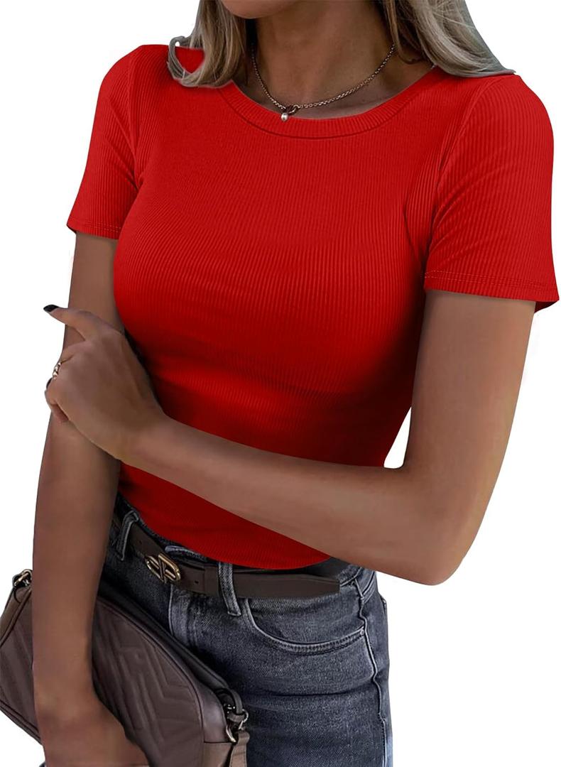 Roselux Women Crew Neck Ribbed Fitted Tight Tshirt Short Sleeve Shirt Basic Knit Top (Red, M)