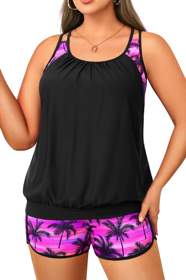 Plus Size Tankini Swimsuits Women - Blouson Two Piece Tummy Control Bathing Suit Criss Cross Tankini Top with Shorts (Pink Palm)