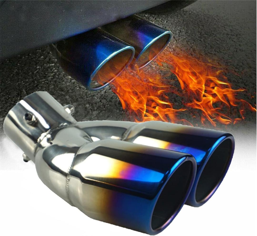 Vechkom 2.5 Inlet Dual Exhaust Tips Blue curved Stainless Steel Car Tail Pipe 3" Outlet Car Muffler Adjustable For Most Vehicles Exterior Rear Tip Pipe