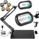 Drdefi 10X Square Magnifying Glass with Light and Stand, Real Glass LED Lighted Magnifier, 5 Color Modes Stepless Dimmable, Hands-Free Mag Desk Lamp with Clamp for Reading Craft Hobby Close Work (Black)