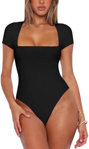 REORIA Womens Sexy Square Neck Double Lined Shirt Stretchy Basic Short Sleeve Going Out Thong Bodysuit Tops, Size 2 XL, Black