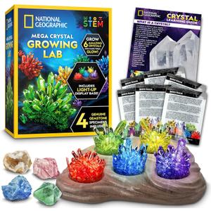 National Geographic Mega Crystal Growing Kit for Kids- Grow 6 Crystals with Light-Up Stand, Science Gifts for Kids 8-12, Crystal Making Experiment, Science Kit for Girls and Boys 