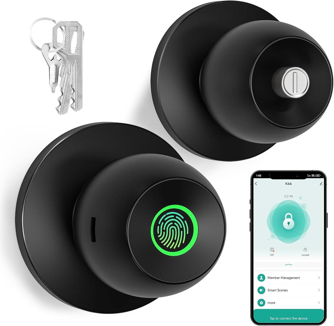 52HZ Fingerprint Door Knob with Lock, 3 in 1 Smart Finger Print Door Lock, Auto Lock, Tuya App Control & Key, Biometric Thumbprint Door Locks for Bedroom, Garage, Home & Office, Matte Black