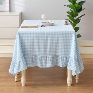 100% Cotton Light Blue White Plaid Gingham Ruffled Table Cloth Rectangular 120x60 in Buffet Cottage Coquette Checker Vintage Decorative Tablecloth(Light Blue/White Plaid, 120x60 inches)