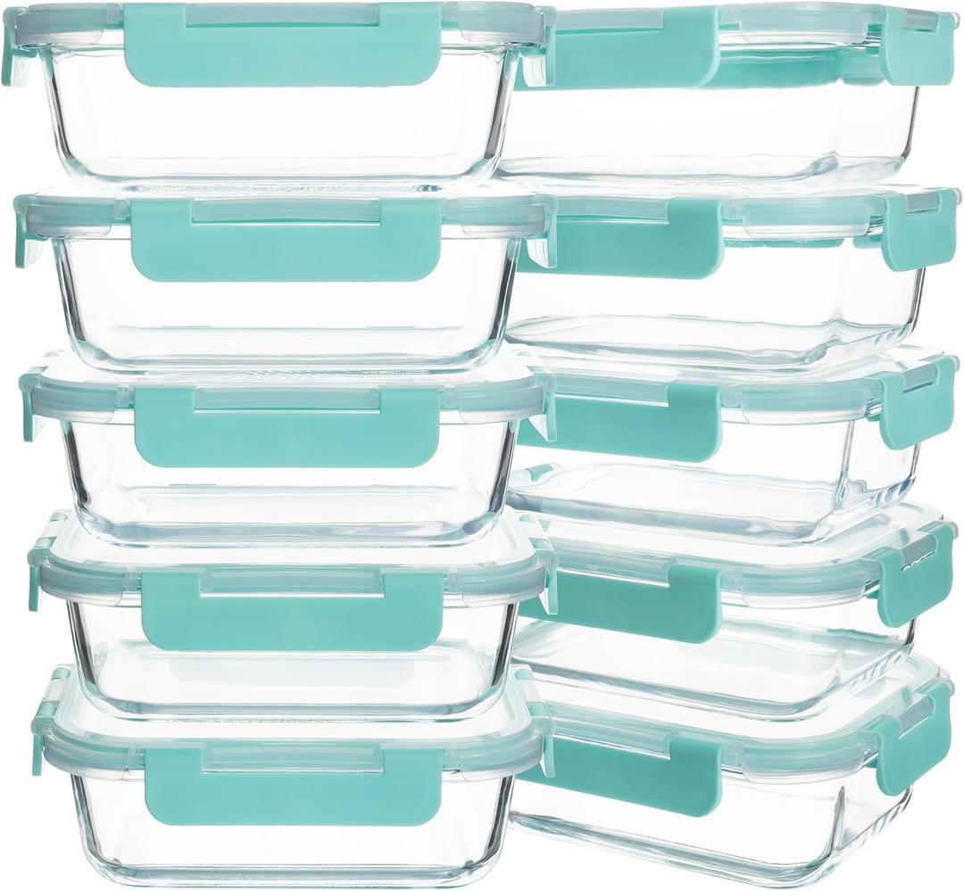 10 Pack 22 oz Glass Meal Prep Containers, Food Storage Containers with Lids, Airtight Leakproof Lunch Containers for Kitchen, Freezer, Microwave, Dishwasher Safe (Mint Green)