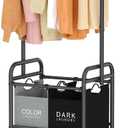 Tajsoon Laundry Sorter with Hanging Bar, 2 Section Laundry Hamper with Lockable Wheels and Removable Bag, Black & Gray
