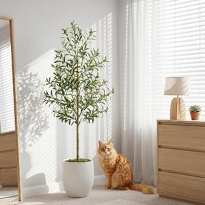 Fake Olive Tree - 6FT Fake Plants Indoor with Pot, Artificial Tree with Natural Olive Branches and Realistic Leaves, Silk Faux Trees for Modern Home Living Room Office Decor