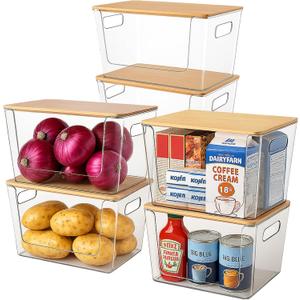 CiWiVOKi 6 Pack Clear Stackable Storage Bins with Bamboo Lids, Trash Bag Holder Dispenser Under Sink Organizer for 4-13 Gal Bags, Plastic Storage Containers for Pantry Bathroom Kitchen Organization